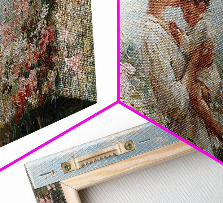 Mother Holding Baby In Sunlit Flower Field Wall Art, Impressionist Floral Canvas Print, Nursery Decor, Gift For Mom, Living Room Decor