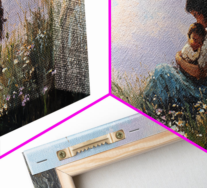 Mother Holding Baby At Sunset Meadow Canvas Print, Boho Wildflower Wall Art, Nursery Decor, Gift For New Mom, Bedroom Decor