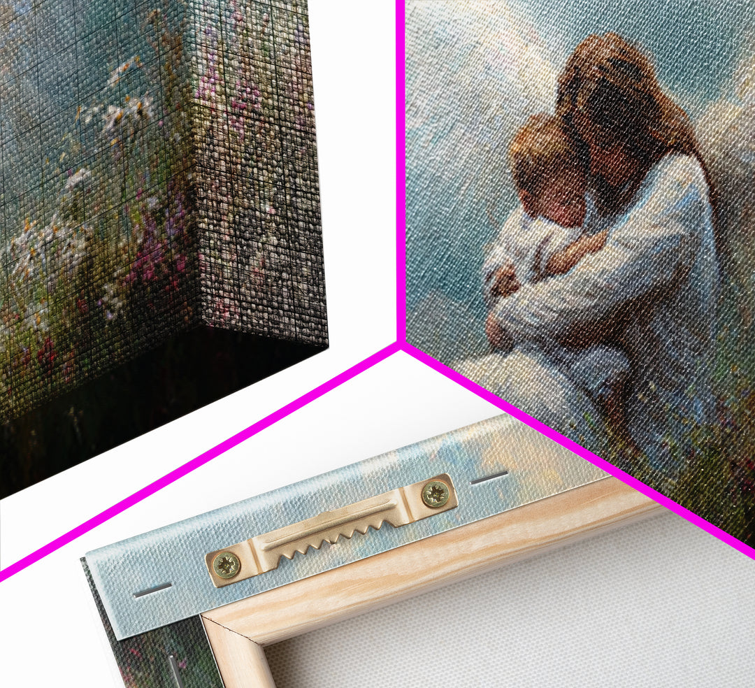 Guardian Angel Embracing Baby In Wildflower Meadow Framed Canvas Print, Christian Nursery Wall Art, Gift For Mom, Spiritual Home Decor