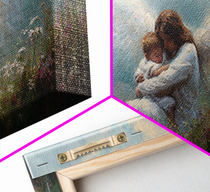 Guardian Angel Embracing Baby In Wildflower Meadow Framed Canvas Print, Christian Nursery Wall Art, Gift For Mom, Spiritual Home Decor