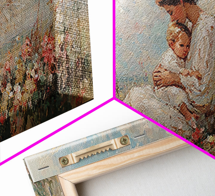 Seated Guardian Angel With Infant In Pastel Wildflowers Canvas Print, Christian Wall Art, Nursery Decor, Baby Shower Gift