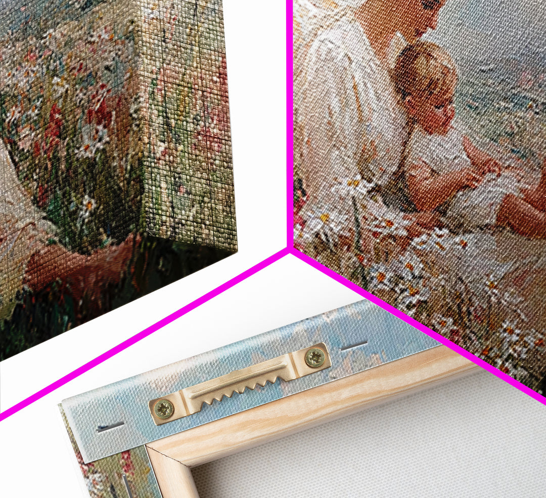 Seated Angel Holding Baby In Daisy Wildflower Meadow Framed Canvas Print, Christian Nursery Wall Art, Spiritual Home Decor