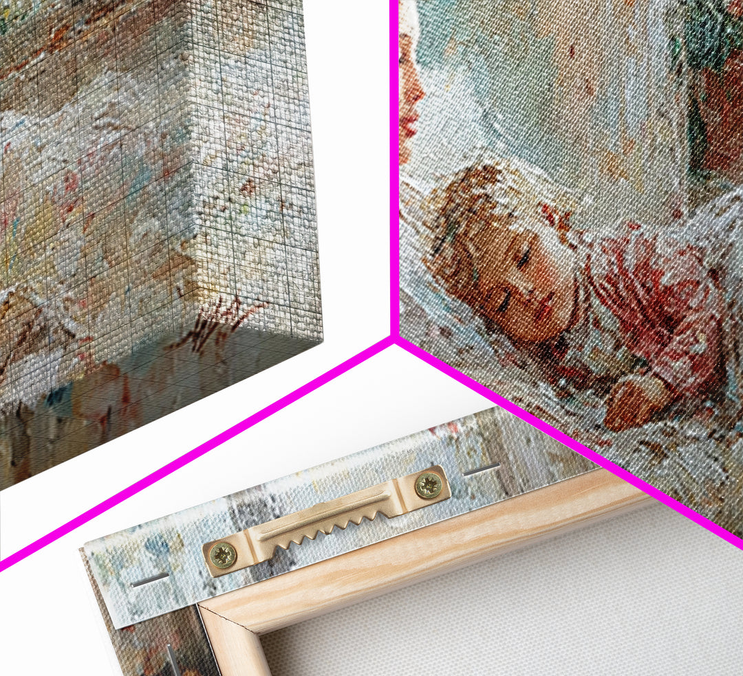 Mother And Child Morning Bedtime Wall Art, Impressionist Canvas Print, Nursery Decor, Gift For Mom, Cozy Bedroom Wall Decor