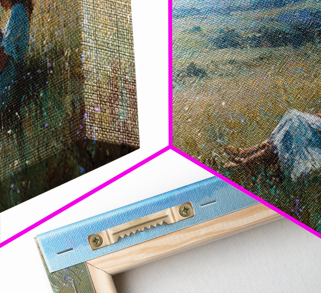 Mother And Baby In Golden Meadow Wall Art, Impressionist Mountain Landscape Canvas Print, Nursery Decor, Housewarming Gift