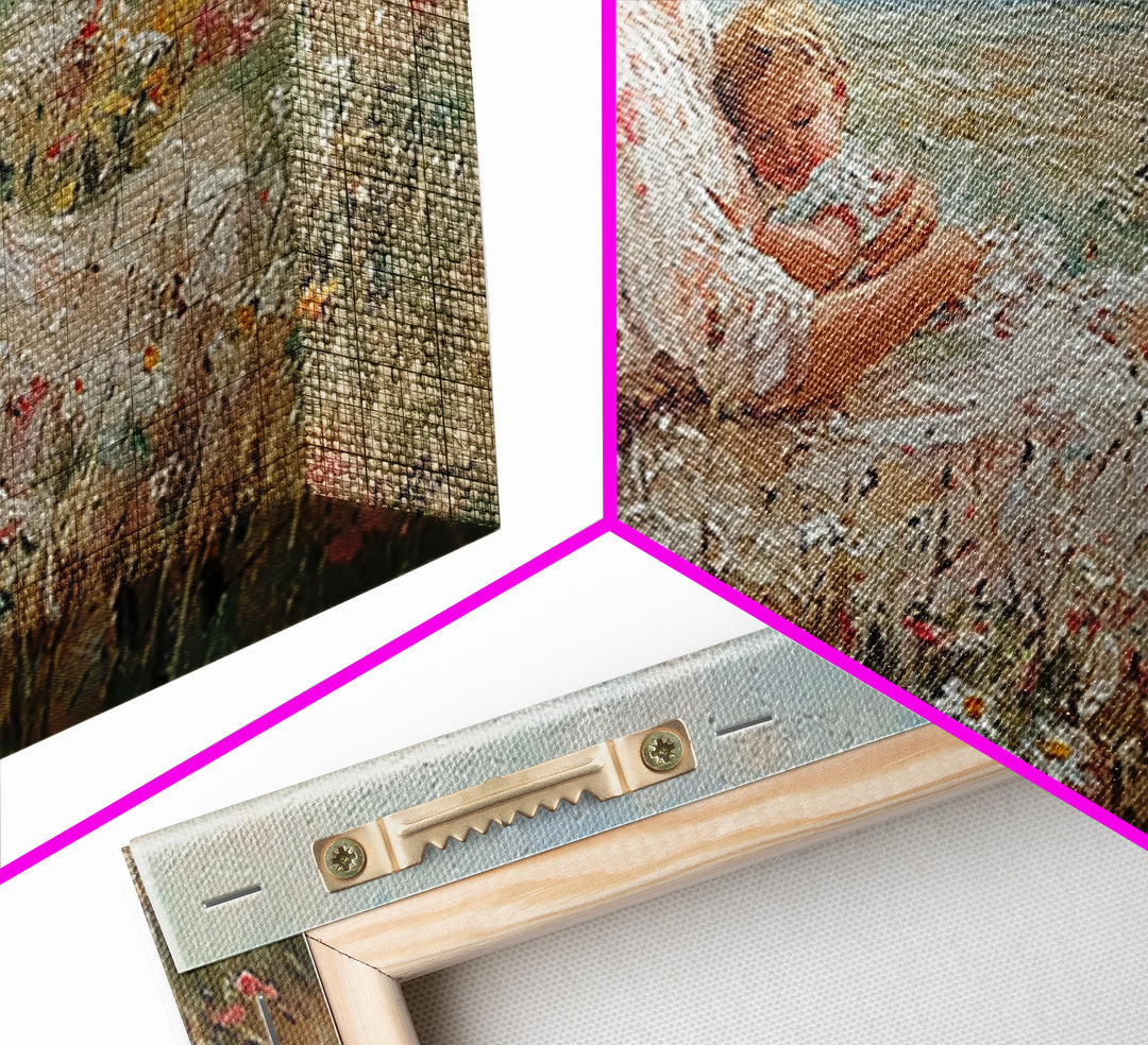 Mother Cuddling Baby In Daisy Meadow Wall Art, Textured Impressionist Canvas Print, Feminine Nursery Decor, Gift For Her