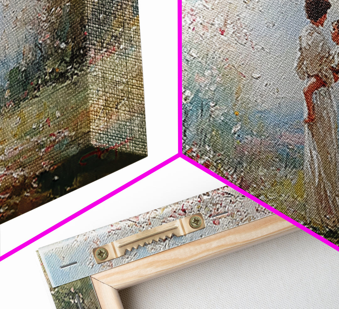Mother And Baby Under Cherry Blossoms Wall Art, Spring Impressionist Landscape Canvas Print, Pink Floral Decor, Gift For Mom