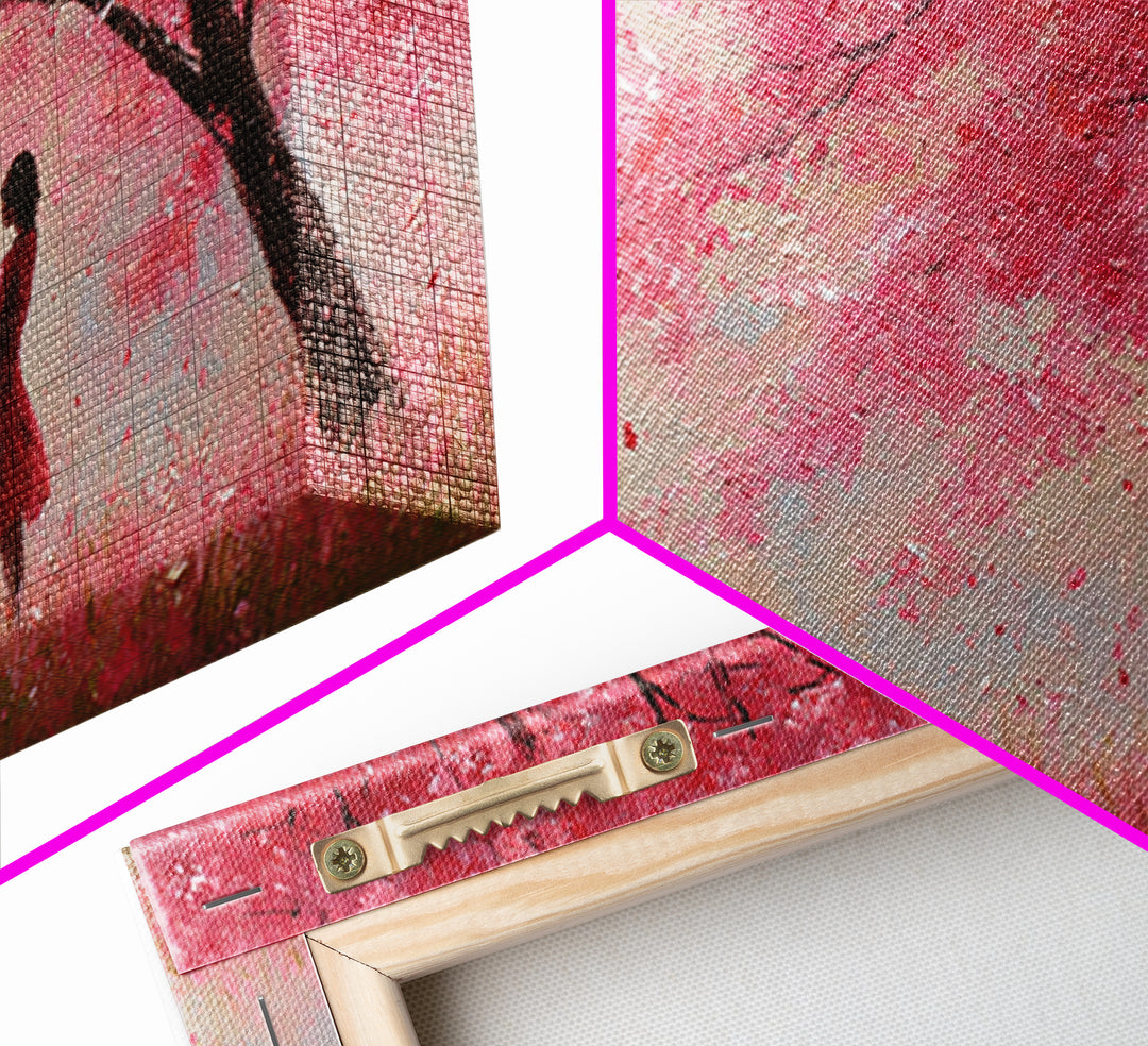 Mother And Baby Beneath Pink Cherry Tree Wall Art, Romantic Spring Landscape Canvas Print, Feminine Decor, Gift For Her, Home Decor
