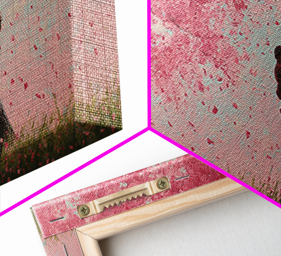 Mother And Child In Pink Blossom Rain Wall Art, Romantic Cherry Blossom Canvas Print, Feminine Bedroom Decor, Gift For Mom