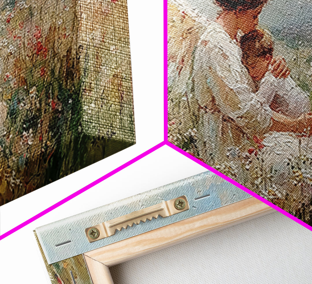Angel Mother And Sleeping Baby In Meadow Canvas Print, Christian Wall Art, Wildflower Nursery Decor, Baby Shower Gift For New Mom