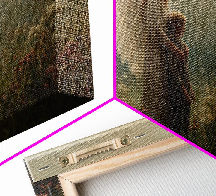 Soft Winged Angel And Child In Misty Meadow Canvas Print, Christian Wall Art, Neutral Wall Art, Nursery Decor, Gift For Mom