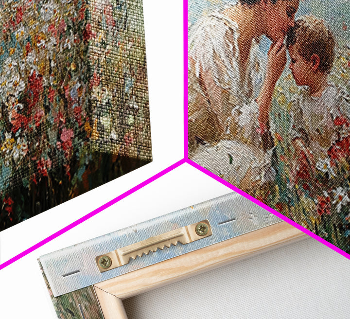 Mother And Child In Wildflower Garden Framed Canvas Print, Floral Wall Art, Christian Wall Art, Living Room Decor, Gift For Her