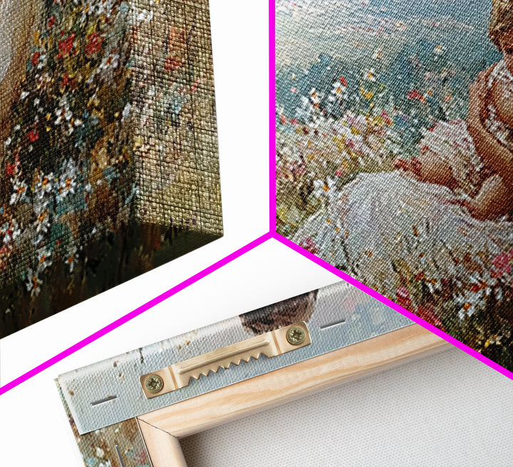 Mother Holding Baby In Wildflower Meadow Canvas Print, Impressionist Floral Landscape, Nursery Wall Art, Housewarming Gift