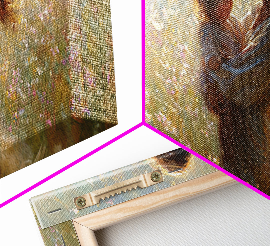 Sunlit Mother And Child In Wildflower Meadow Wall Art, Impressionist Meadow Canvas, Feminine Bedroom Decor, Gift For Mom