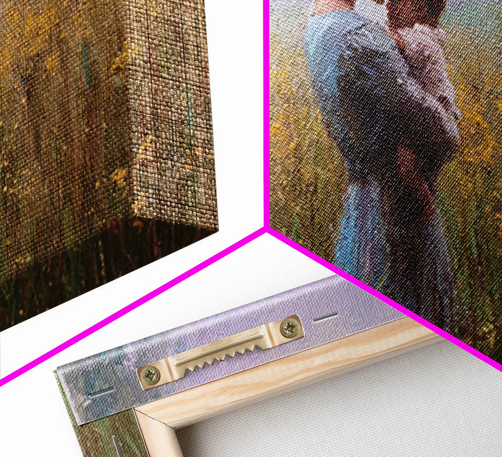 Mother Cuddling Baby In Golden Meadow Wall Art, Impressionist Canvas Print, Neutral Nursery Decor, Gift For Her, Living Room Decor