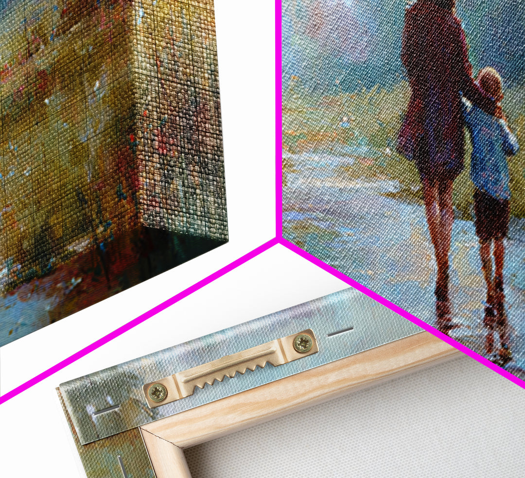 Mother And Child Walking In Rain With Umbrella Wall Art, Impressionist Canvas Print, Cozy Nursery Decor, Housewarming Gift