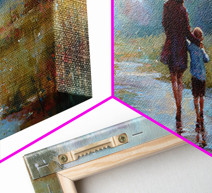 Mother And Child Walking In Rain With Umbrella Wall Art, Impressionist Canvas Print, Cozy Nursery Decor, Housewarming Gift