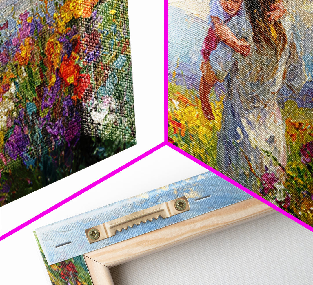 Woman Holding Baby In Vibrant Wildflower Meadow Framed Canvas Print, Mothers Day Gift, Floral Wall Art, Nursery Decor, Living Room Decor