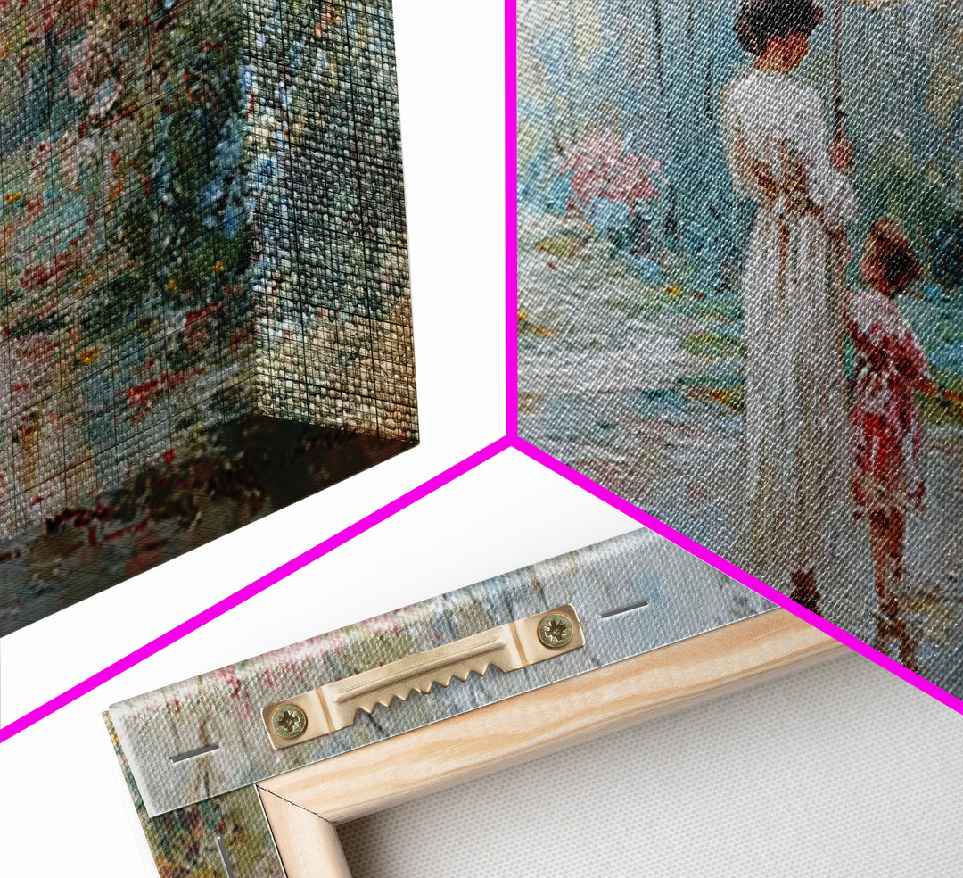 Mother And Child Walking Under Umbrella In Rainy Spring Garden Wall Art, Impressionist Painting, Gift For Her, Nursery Decor