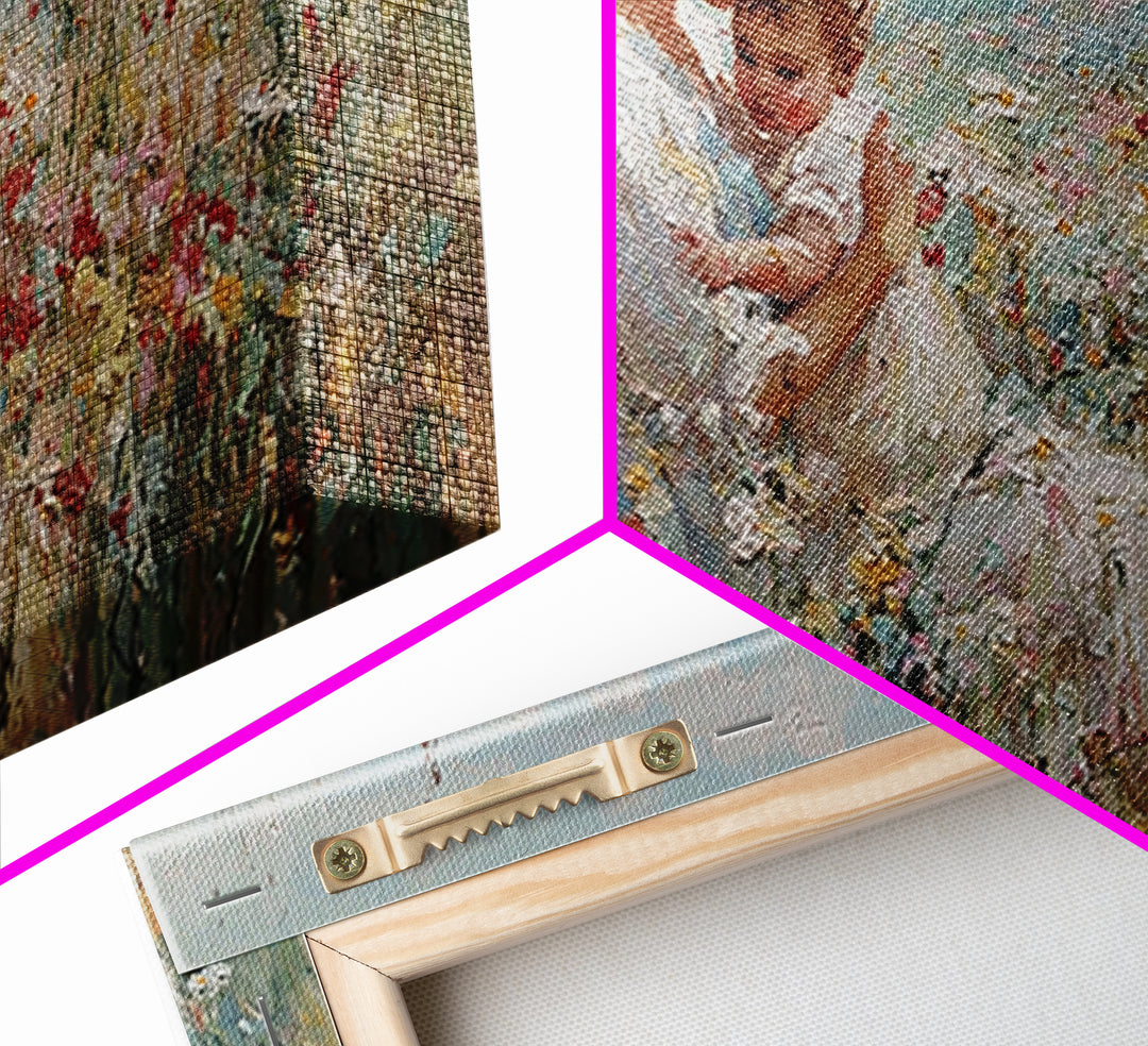 Mother Holding Smiling Baby Among Wildflowers By Sea Canvas Print, Coastal Wall Art, Mothers Day Gift, Living Room Decor