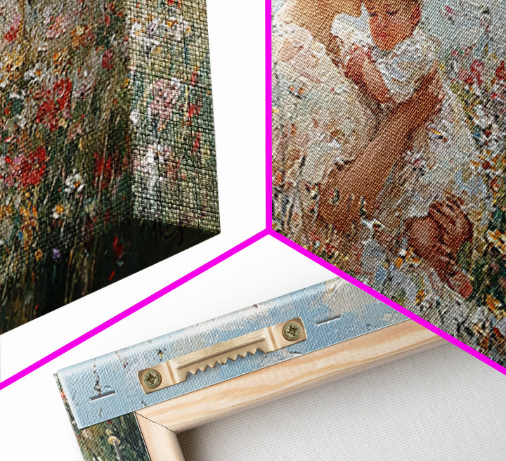 Mother Lifting Baby In Blooming Flower Field Framed Canvas Print, Impressionist Floral Nursery Art, Gift For Mom Home Decor