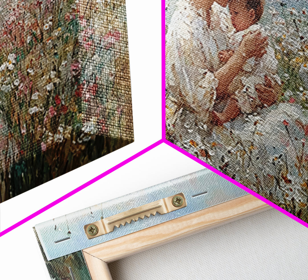 Seated Mother And Child In Coastal Wildflower Meadow Canvas Print, Impressionist Family Wall Art, Nursery Decor Gift For Her