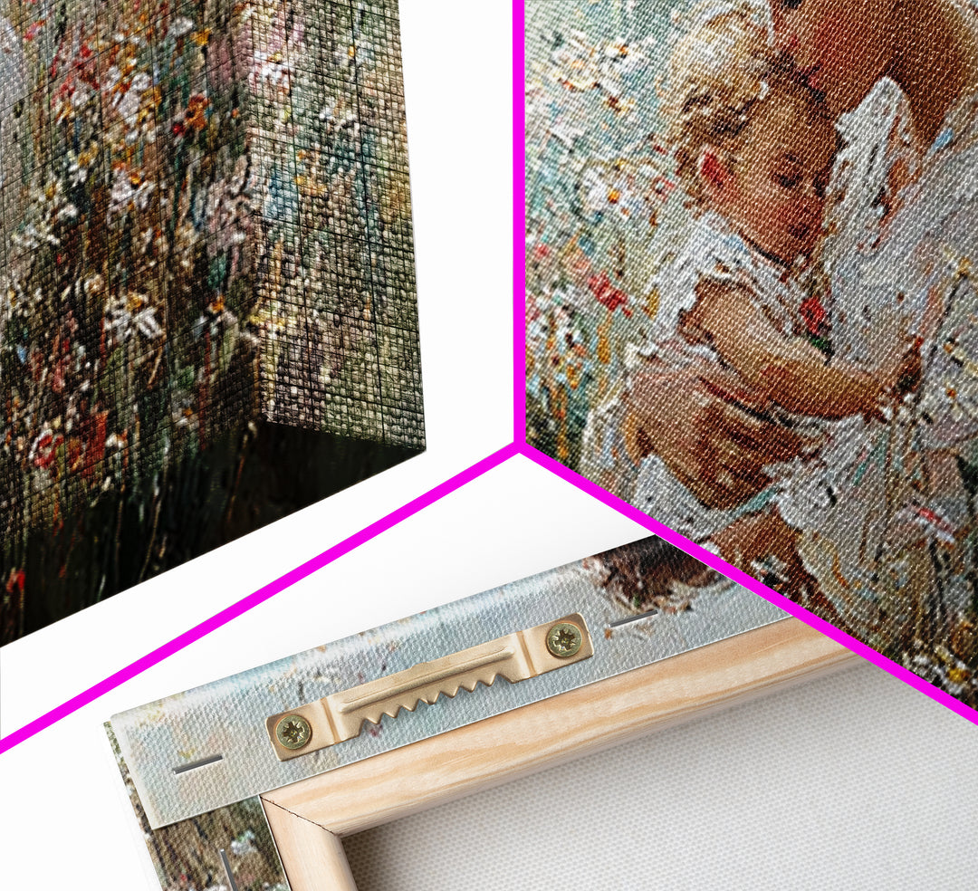 Mother Embracing Child In White Wildflower Meadow Framed Canvas Print, Impressionist Floral Wall Art, Nursery Decor Gift