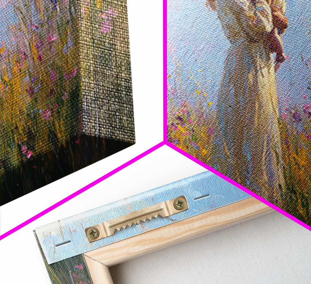 Backlit Mother And Baby In Sunlit Meadow Canvas Print, Impressionist Wildflower Wall Art, Feminine Nursery Decor Gift For Mom