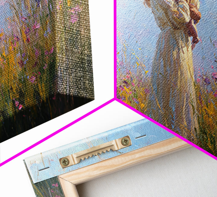 Backlit Mother And Baby In Sunlit Meadow Canvas Print, Impressionist Wildflower Wall Art, Feminine Nursery Decor Gift For Mom