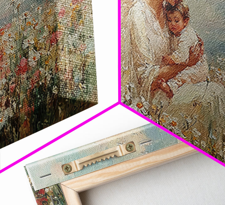 Angel And Baby In Flower Field Framed Canvas Print, Dreamy Christian Wall Art, Wildflower Nursery Decor, Gift For Her, Fine Art