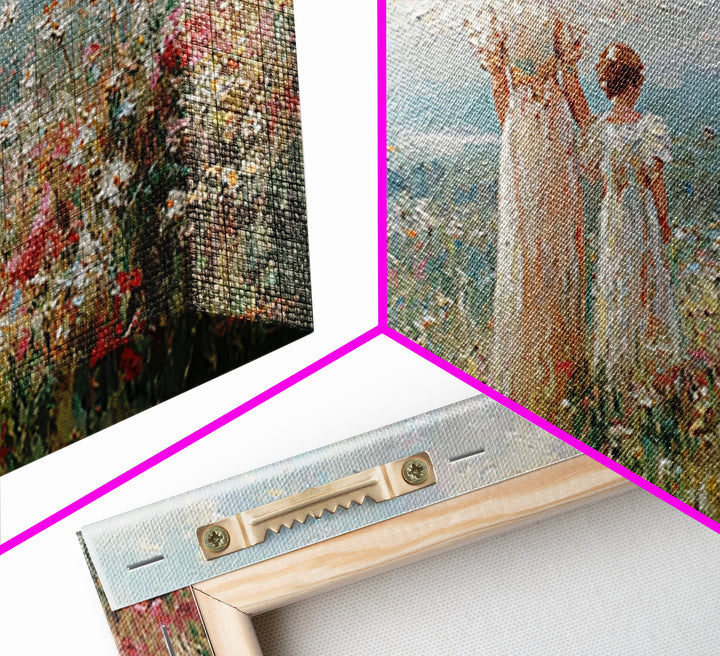 Angel And Child In Wildflower Field Framed Canvas Print, Impressionist Christian Wall Art, Floral Nursery Decor, Gift For Her