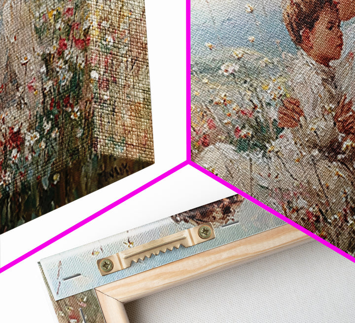 Seated Mother And Child In Soft Wildflower Field Canvas Print, Impressionist Floral Wall Art, Gift For Mom, Living Room Decor