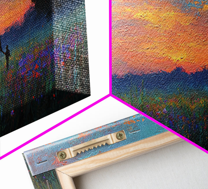 Sunset Meadow Silhouette Framed Canvas Print, Colorful Landscape Wall Art, Mother Child Decor, Living Room Art, Housewarming Gift