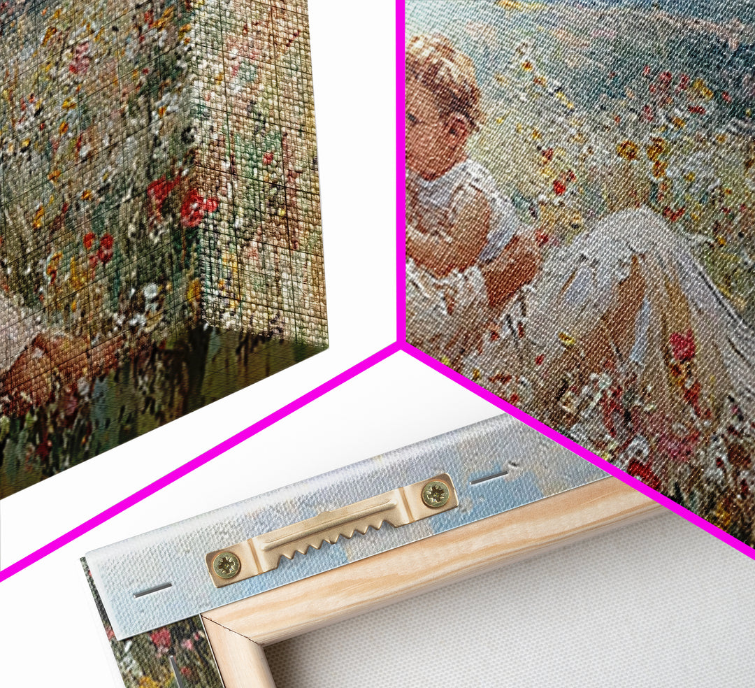 Nursing Mother With Baby In Sunlit Flower Meadow Wall Art, Impressionist Canvas Print For Nursery Decor And Housewarming Gift