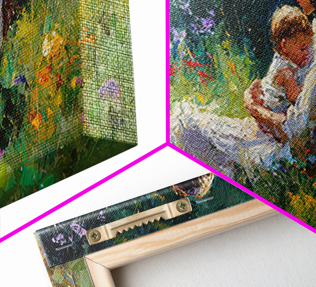 Mother Nursing Baby In Shaded Garden Wildflowers Canvas Print, Impressionist Wall Art For Nursery Decor And Nature Lover Gift