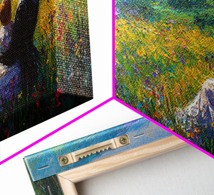 Mother And Child In Wildflower Mountain Meadow Wall Art, Impressionist Landscape, Nursery Decor, Gift For Mom, Living Room Decor