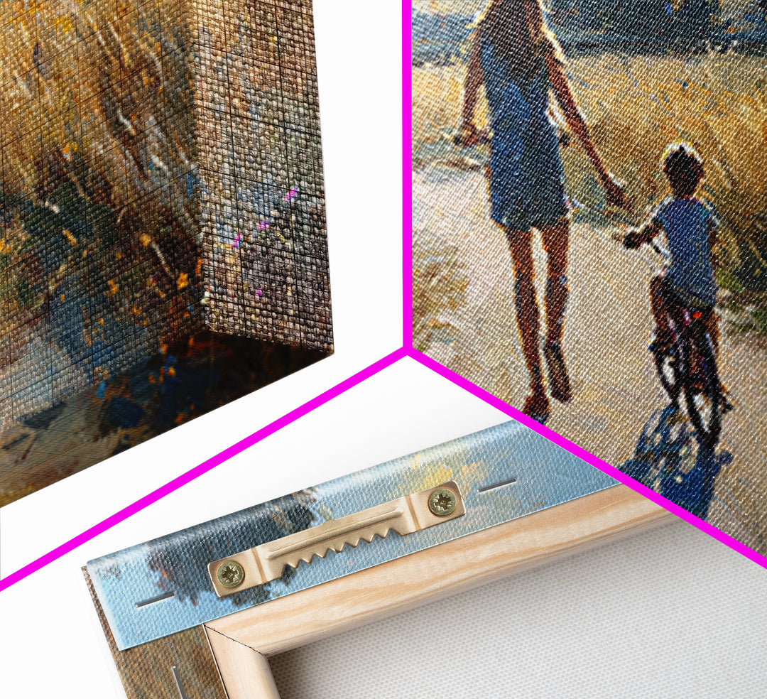 Mother Walking Child With Bicycle Through Golden Fields Canvas Print, Country Landscape Wall Art, Family Living Room Decor