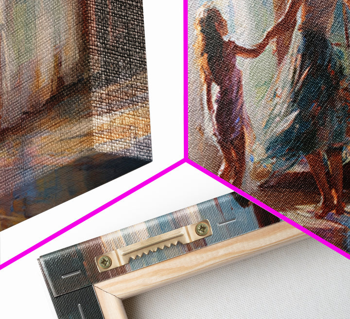 Mother And Daughter Dancing By Bright Windows Framed Canvas Print, Sunlit Family Wall Art, Feminine Home Decor Gift, Living Room Decor