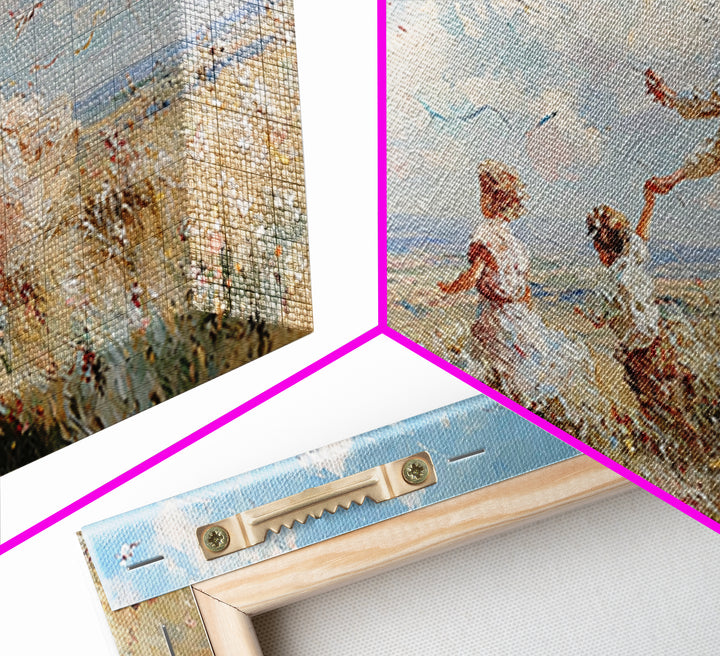 Mother And Children Flying Kite Canvas Print, Coastal Meadow Wall Art, Impressionist Family Decor, Beach House Gift For Mom