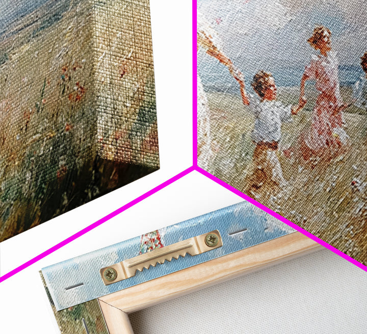 Woman And Children Run With Kite Canvas Print, Windy Meadow Wall Art, Coastal Landscape Art, Nursery Decor, Gift For Mom