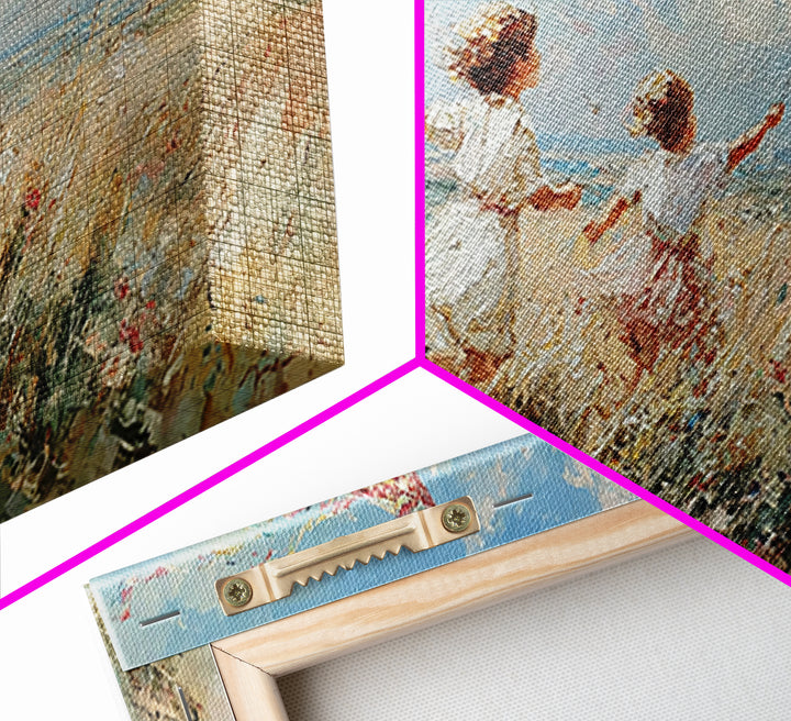 Children Running Through Meadow Canvas Print, Kite Flying Wall Art, Impressionist Landscape, Playroom Decor, Gift For Her