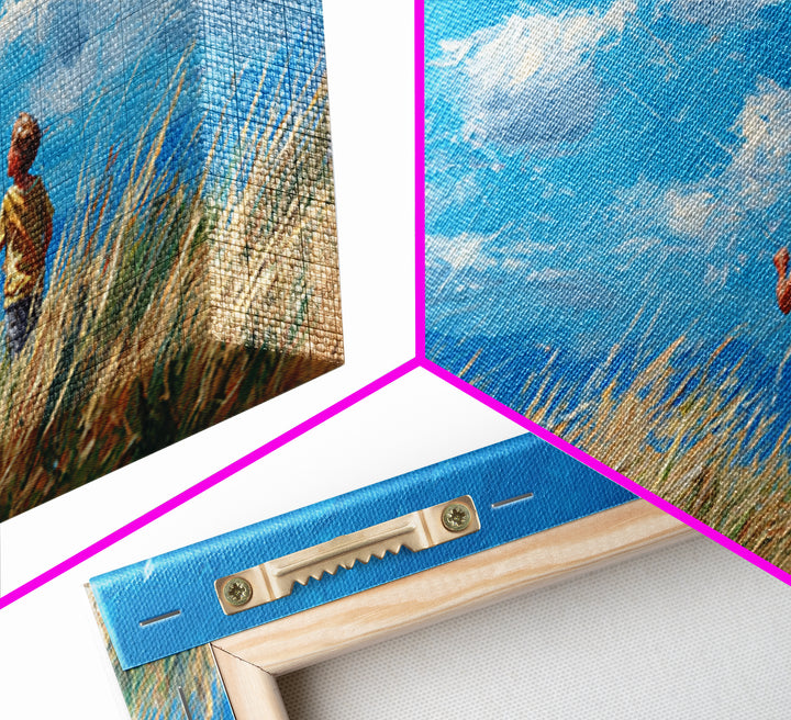 Two Children Flying Red Kite Canvas Print, Bright Blue Sky Wall Art, Summer Meadow Decor, Kids Room Art, Gift For Mom, Home Decor