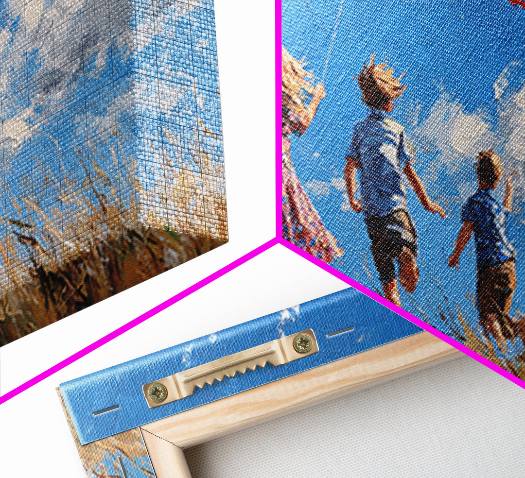 Three Children Chase Red Kite Canvas Print, Breezy Summer Field Wall Art, Kids Room Decor, Coastal Landscape Gift For Her