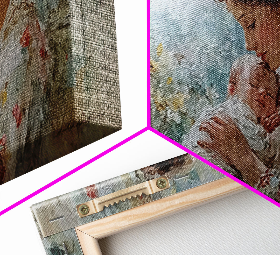 Mother Kissing Newborn By Garden Window Framed Canvas Print, Impressionist Nursery Wall Art, Floral Home Decor Gift For Her
