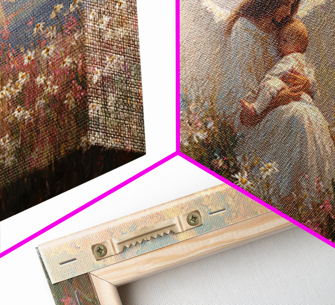 Angel Mother Nursing Baby Among Wildflowers Framed Canvas Print, Spiritual Wall Art, Christian Nursery Decor, Gift For Mom