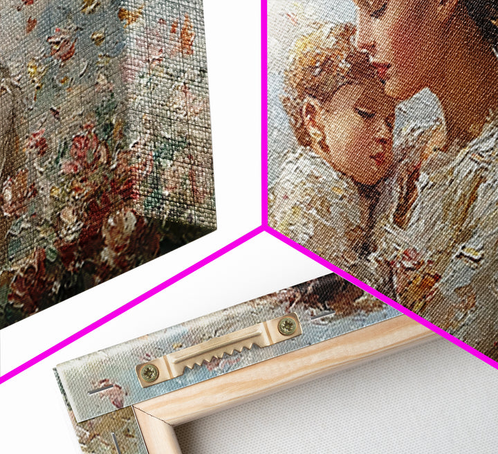 Mother Embracing Child In Blossoming Garden Wall Art, Impressionist Framed Canvas Print, Romantic Floral Decor, Gift For Mom