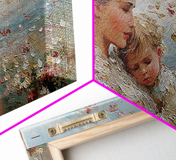 Windy Meadow Mother And Child With Falling Petals Wall Art, Impressionist Canvas Print, Floral Nursery Decor, Gift For Mom
