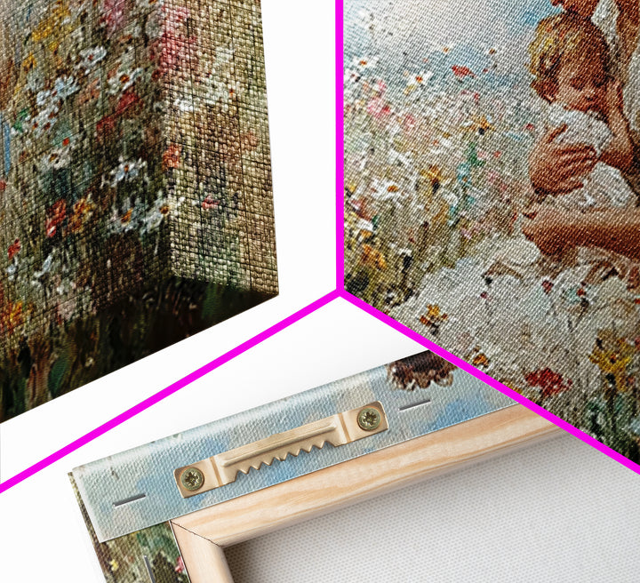 Mother And Baby In Wildflower Meadow Canvas Print, Impressionist Floral Nursery Wall Art, Gift For Mom, Motherhood Decor