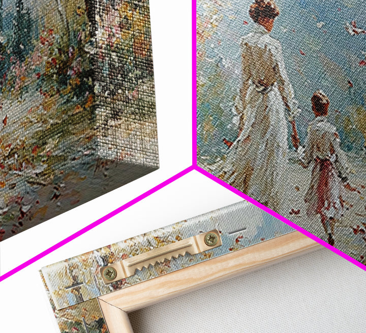 Mother And Child On Blossom Mountain Path Canvas Print, Impressionist Landscape Wall Art, Neutral Nursery Living Room Decor