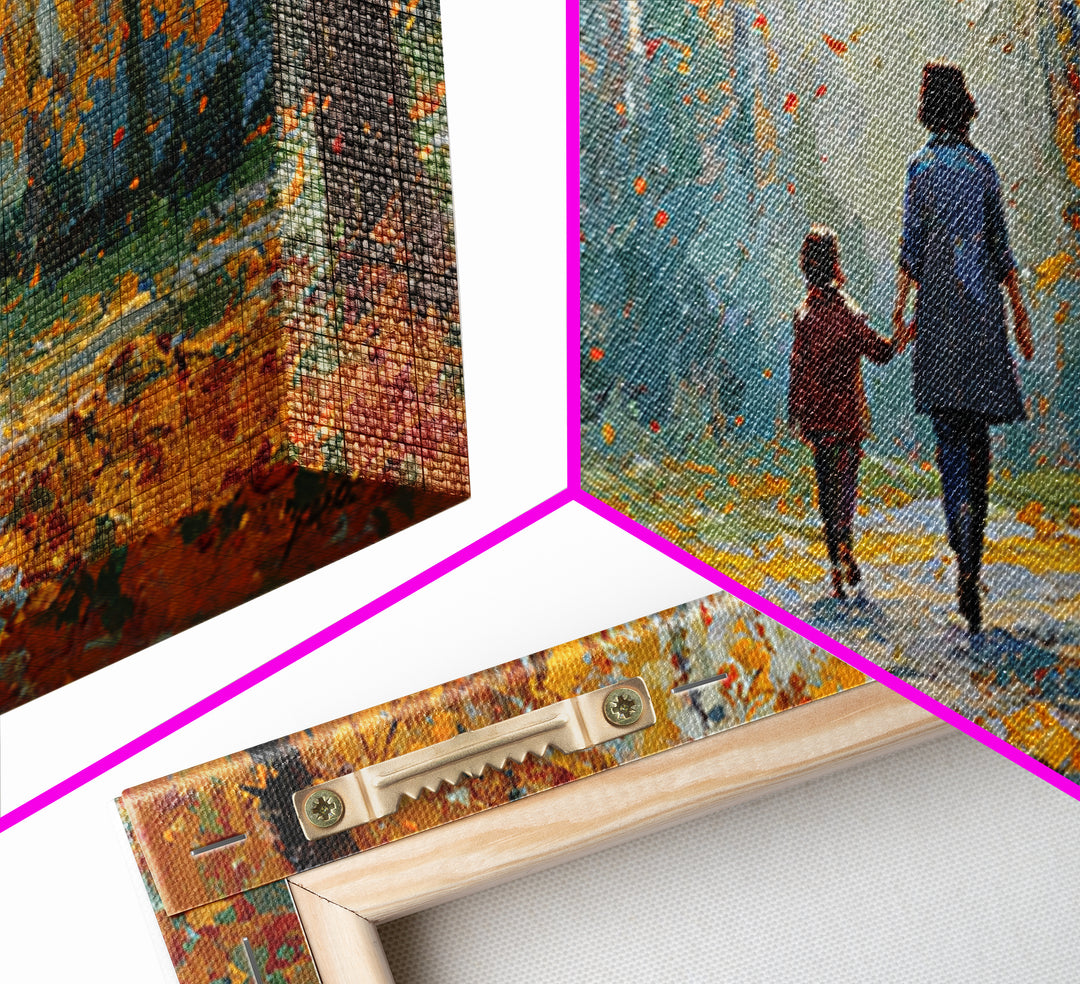 Mother And Child In Golden Autumn Park Framed Canvas Print, Fall Landscape Wall Art, Family Gift, Cozy Living Room Home Decor