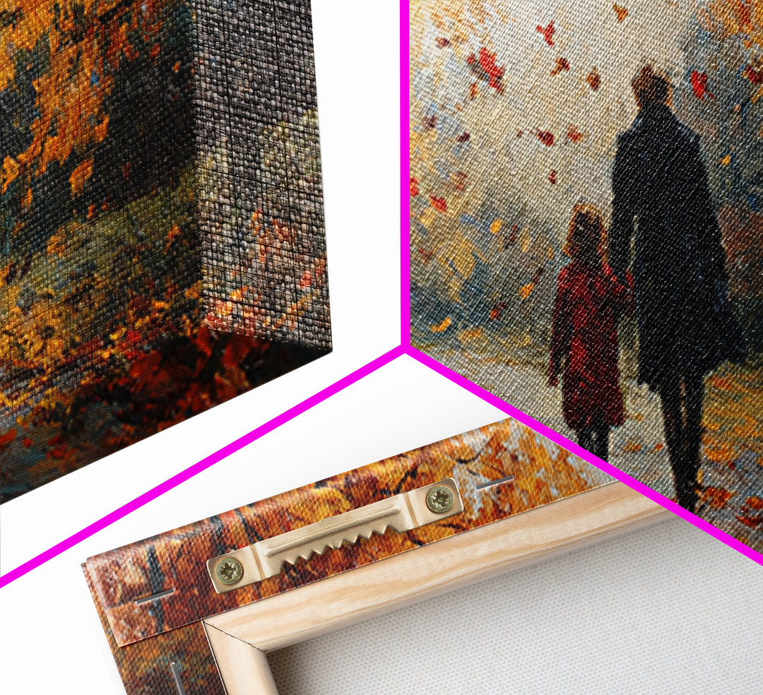 Father And Child In Orange Autumn Forest Wall Art, Impressionist Fall Canvas Print, Family Gift, Cozy Living Room Home Decor